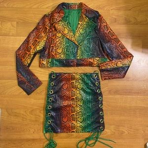 Rainbow Snakeskin Faux Leather Crop Blazer & Skirt Set